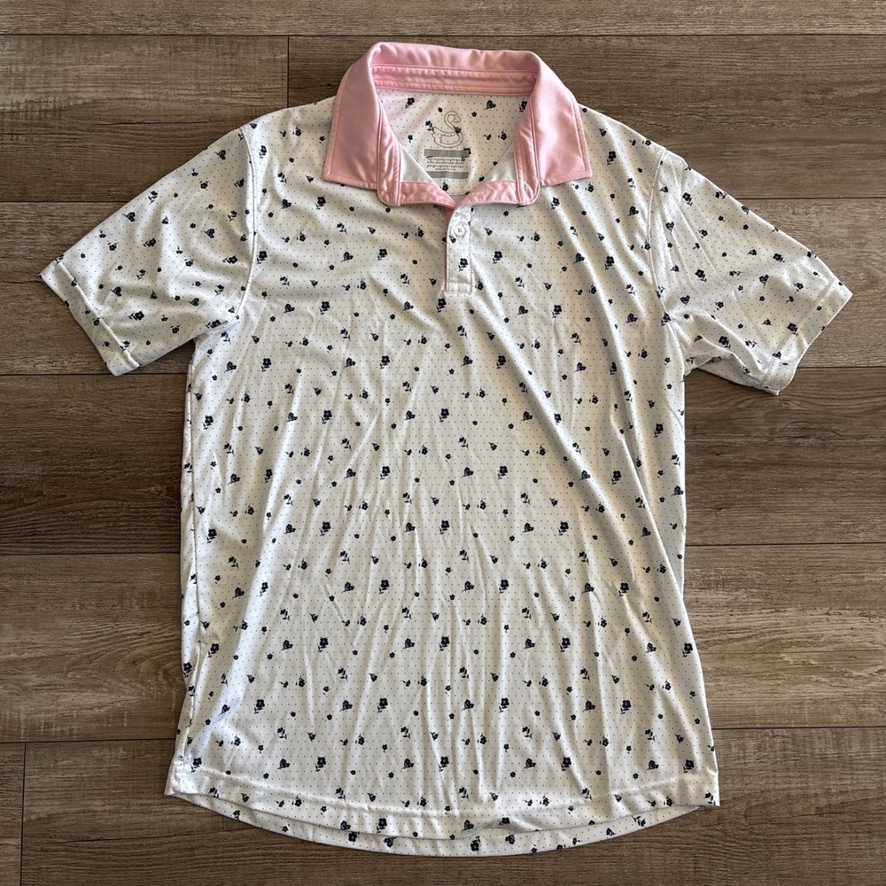 Swannies Polo Mens Large White Floral‎ Pink Collar Short Sleeve Performance Golf